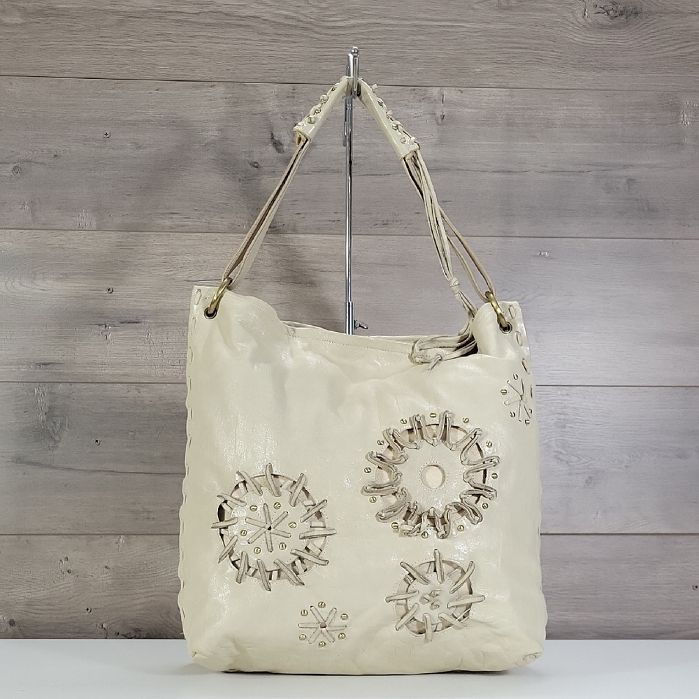 Sabina Bohemian Beige Leather Shoulder Bag w/ Woven Design